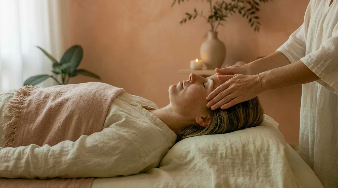 Händerna vilar lätt ovanför kroppen under Reiki-sessionen